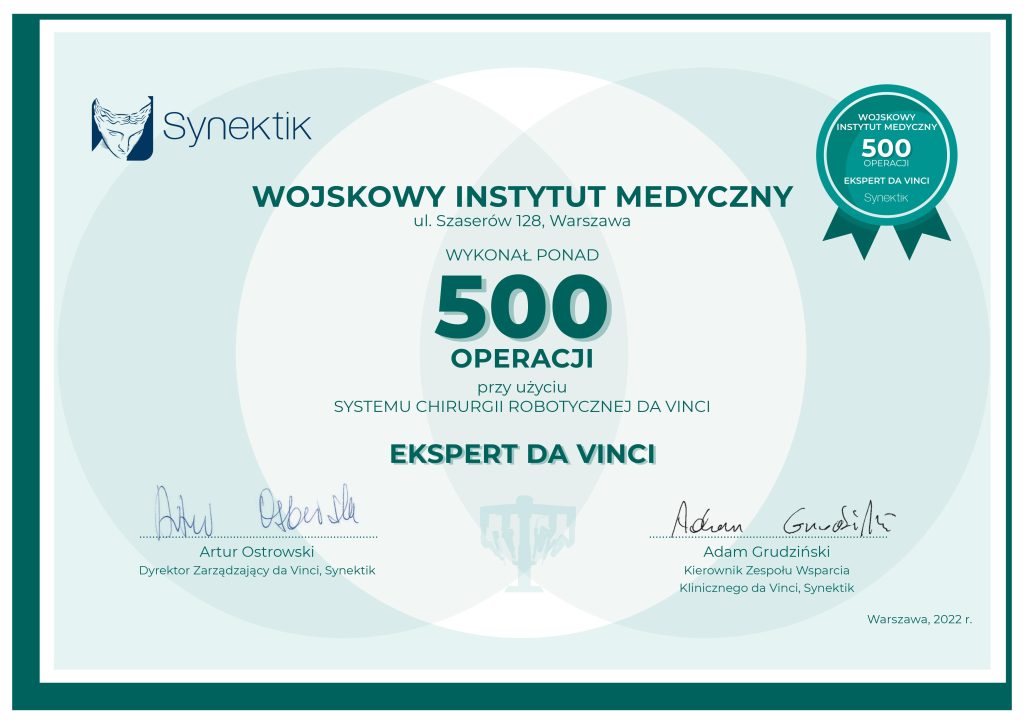 Certyfikat 500 operacja robotem Da Vinci