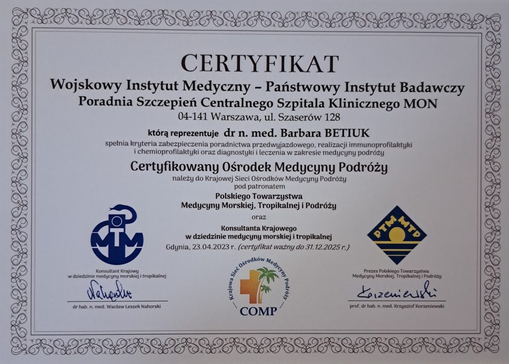 certyfikat Certyfikowany Ośrodek Medycyny Podróży