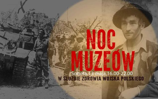 plakat wydarzenia noc muzeów. Napis Noc Muzeów, sobota 13 maja 16.00-22.00 w służbie zdrowia wojska polskiego