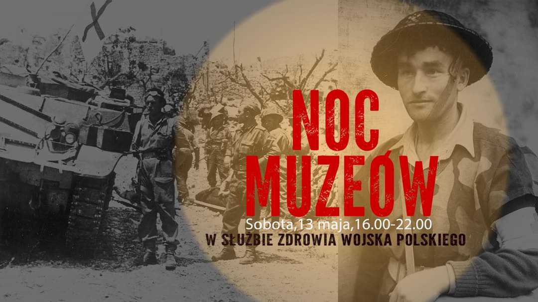 plakat wydarzenia noc muzeów. Napis Noc Muzeów, sobota 13 maja 16.00-22.00 w służbie zdrowia wojska polskiego