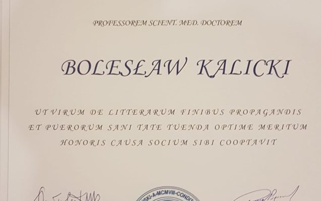 Dyplom Tytuł Członka Honorowego Polskiego Towarzystwa Pediatrycznego dla profesora Bolesława Kalickiego
