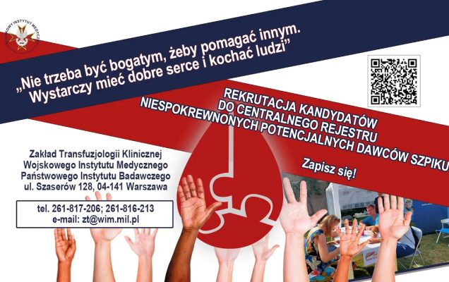 Plakat promujący dołączenie do bazy dawców szpiku w Wojskowym Instytucie Medycznym w Warszawie