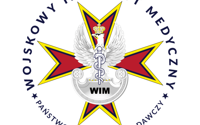 Logo okrągłe Wojskowego Instytutu medycznego Pąństwowego Instytutu Badawczego w Warszawie. Wersja polska.