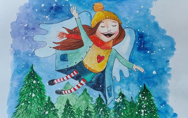Kartka z życzeniami od dzieci ze szkoły podstawowej. Na niebieskim tle uśmiechnięta lecąca w powietrzu dziewczynka poniżej w dole zimowy las.