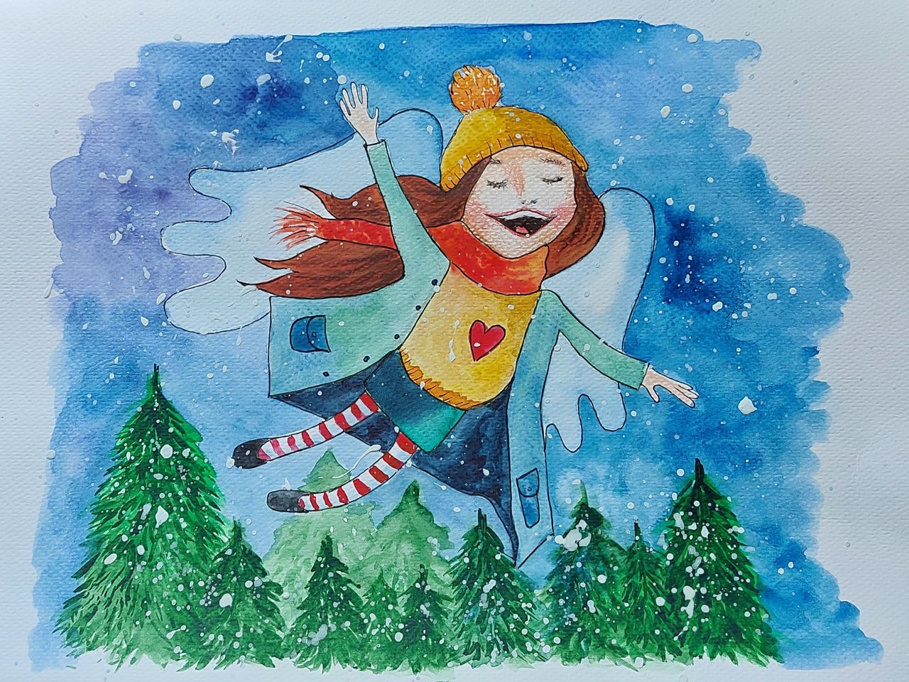 Kartka z życzeniami od dzieci ze szkoły podstawowej. Na niebieskim tle uśmiechnięta lecąca w powietrzu dziewczynka poniżej w dole zimowy las.