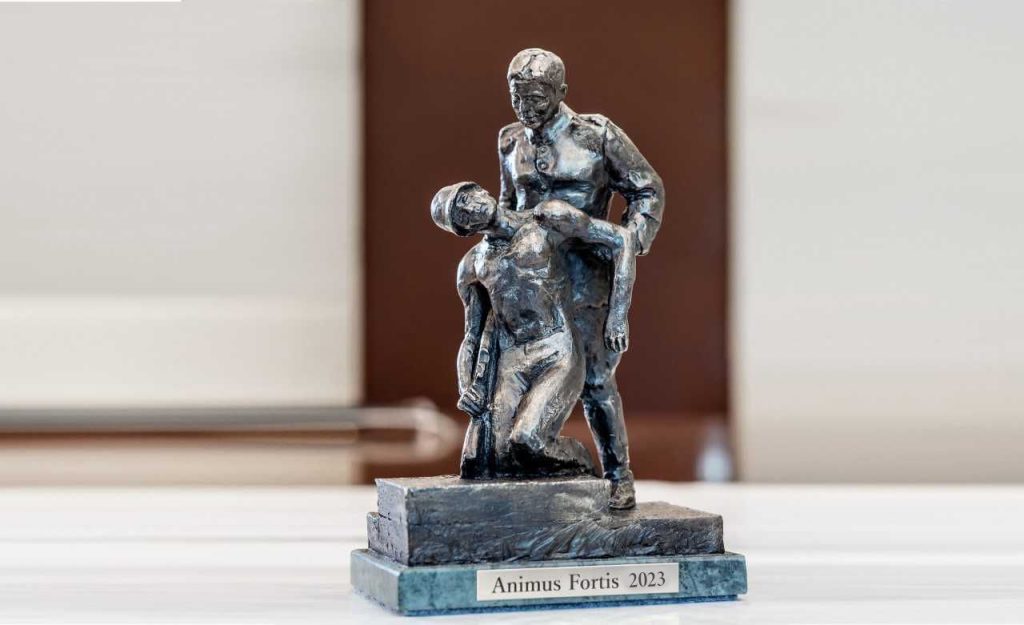 Statuetka nagrody Animus Fortis - Mężny duch ustanowiona została przez Dyrektora Wojskowego Instytutu Medycznego – Państwowego Instytutu Badawczego. Statuetka  przedstawia sanitariusza w mundurze wojskowym podtrzymującym za ramiona rannego żołnierza.