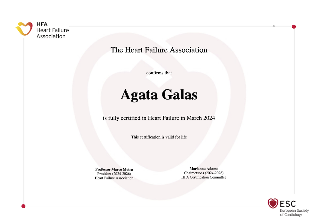dyplom potwierdzający zdanie egzaminu Heart Failure przez Panią dr Agatę Galas