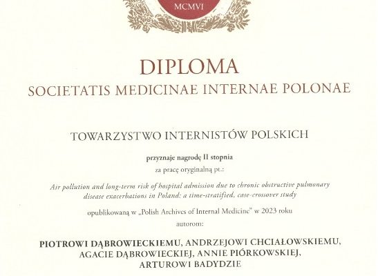 Dyplom dr. Piotra Dąbrowickiego z nagrodami za najlepszą publikację w Polish Archives of Internal Medicine
