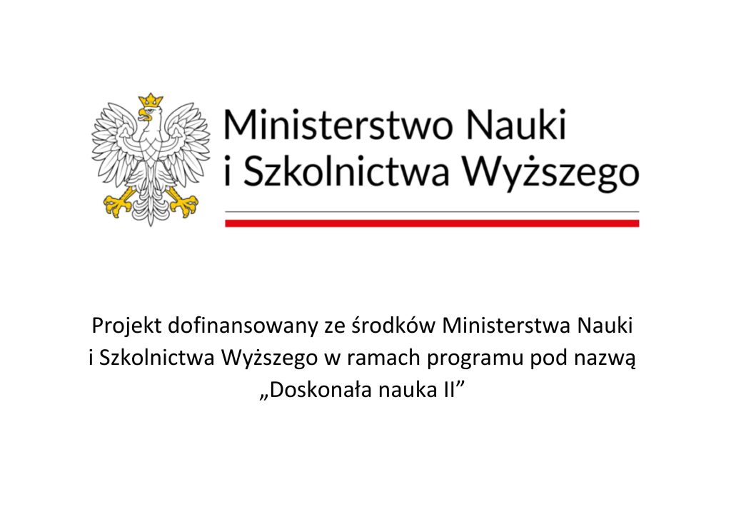 Logo Ministerstwa i Szkolnictwa wyższego. Poniżej napis: "Projekt dofinansowany ze środków Ministerstwa Nauki i Szkolnictwa Wyższego w ramach programu pod nazwą „Doskonała nauka II”