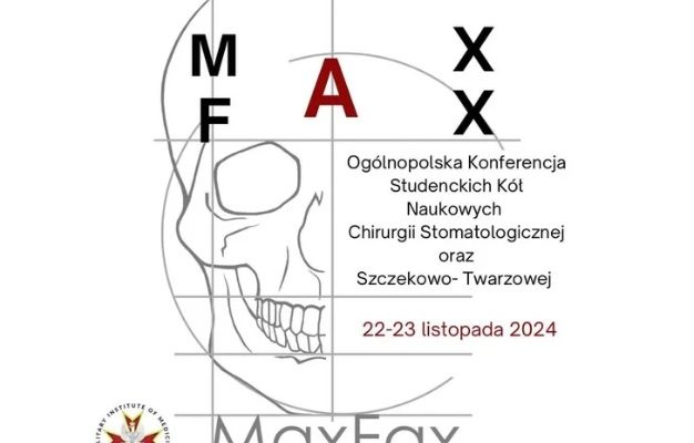 Plakat konferencji Maxfax. Napis MaxFax na tle grafiki ludzkiej czaszki na białym tle. W lewym dolnym rogu logo WIM-PIB.