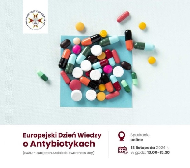 Europejski Dzień Wiedzy o Antybiotykach. Spotkanie on line. 18 listopada 2024 r, godzina 13.00-15.30. Na plakacie logo WIM na środku plakatu na jasnobłękitnym tle rozsypane kolorowe tabletki.