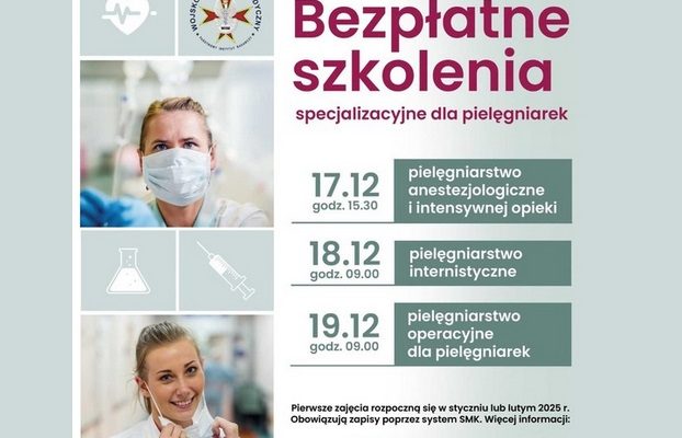 Plakat. Napis bezpłatne szkolenia dla pielęgniarek. Po prawej stronie zdjęcia pielęgniarek po lewej napis z terminami szkoleń: