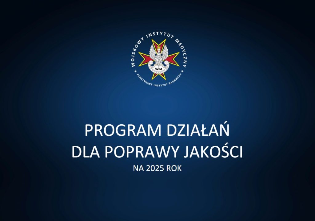 Granatowa plansza z logo WIM. Poniżej napis: Program działań dla poprawy jakości na 2025 rok