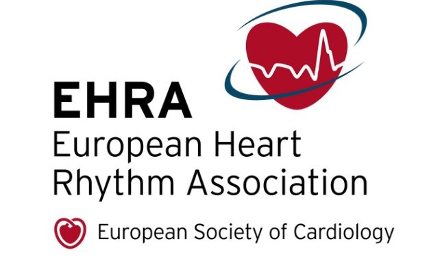 Logotyp EHRA. Symbol czerwoenego serca a na nim zapis EKG. Pod spodem napis. European Heart Rythm Association. European Society of Cardiology