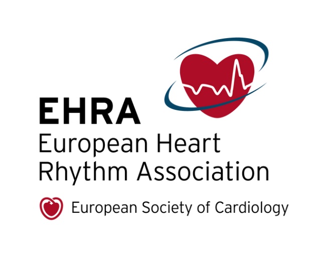 Logotyp EHRA. Symbol czerwoenego serca a na nim zapis EKG. Pod spodem napis. European Heart Rythm Association. European Society of Cardiology