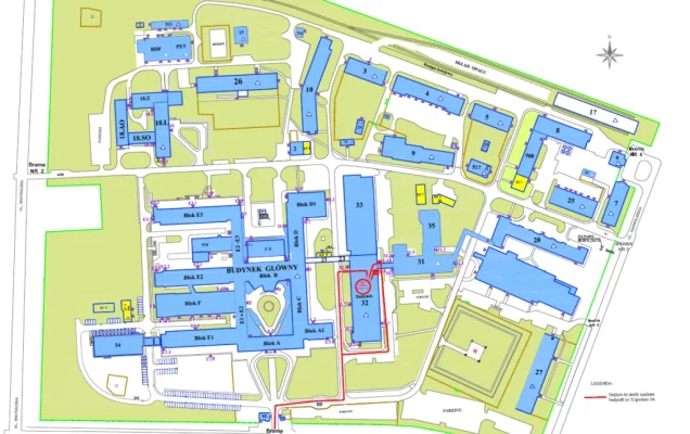 Mapka wojskowego Instytutu Medycznego z zaznaczoną strefą relaksu w budynku 32