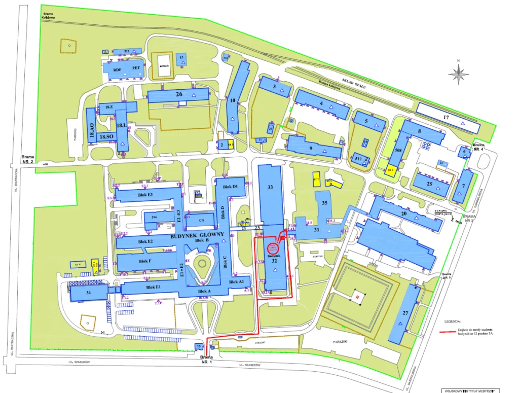 Mapka wojskowego Instytutu Medycznego z zaznaczoną strefą relaksu w budynku 32