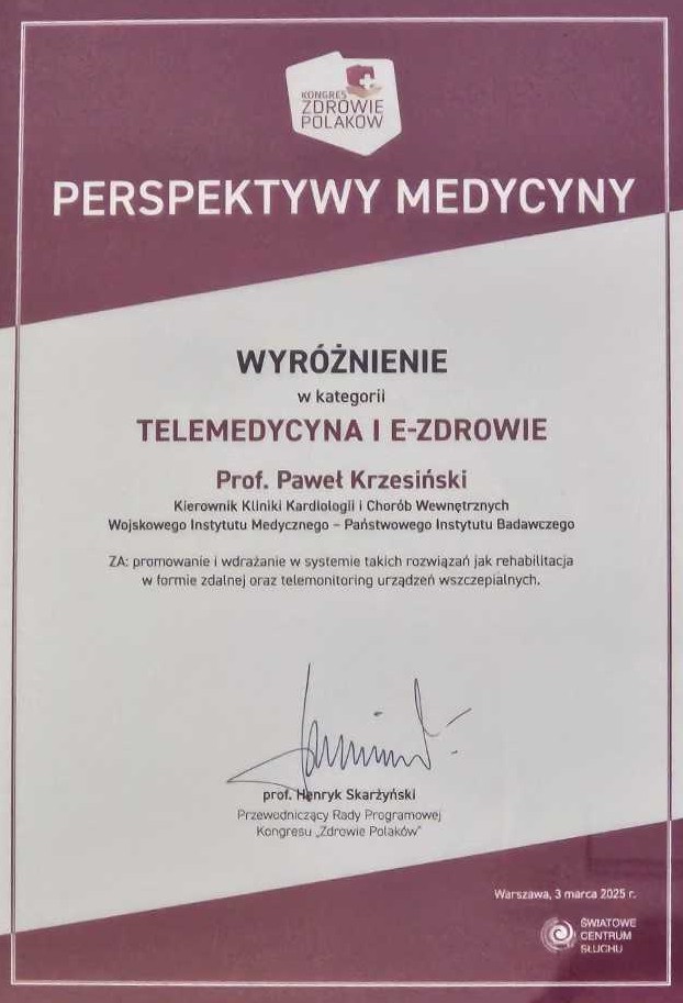 Zdjęcie Dyplomu Perspektywy Medycyny dla Profesora Pawła Krzesińskiego z Wojskowego Instytutu Medycznego w Warszawie