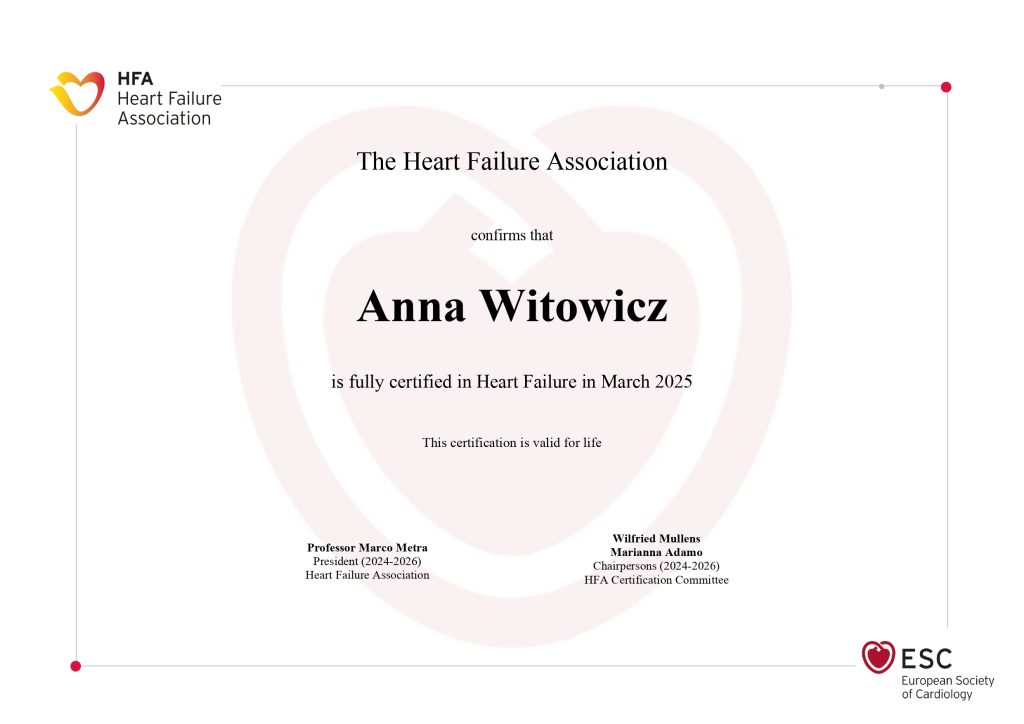 Certyfikat The Heart Failure Association  Pani Anny Witowicz z Wojskowego Instytutu Medycznego.