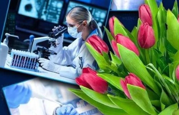 Plakat: różowe tulipany i pracujący laboranci.