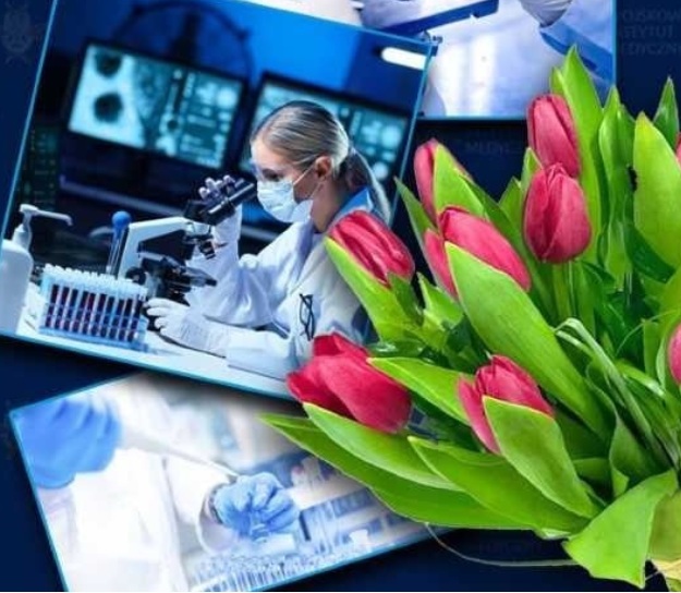 Plakat: różowe tulipany i pracujący laboranci.