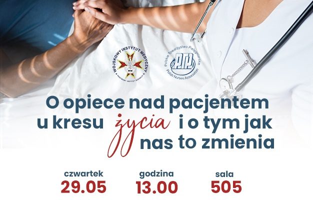 Plakat. W tle zdjęcie leżącego pacjenta, ujęcie na uścisk dłoni.