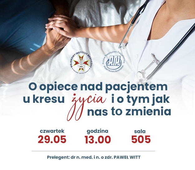 Plakat. W tle zdjęcie leżącego pacjenta, ujęcie na uścisk dłoni.