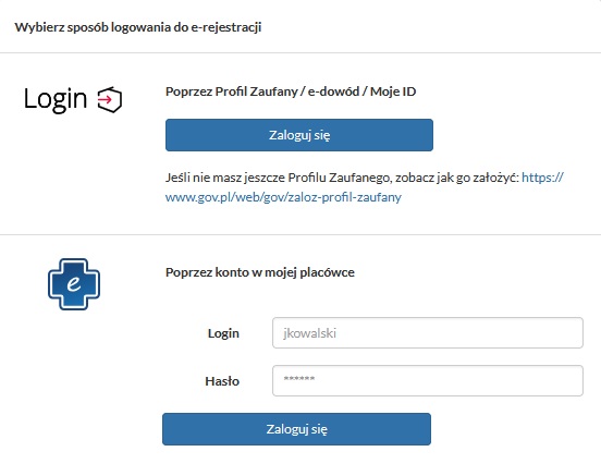 Zrzut ekranu logowania do portalu e-rejestracja.