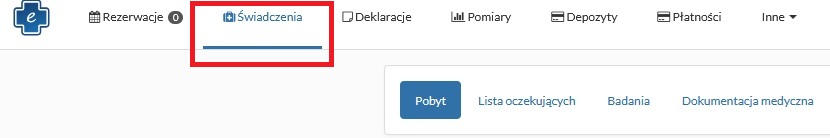 Zrzut ekranu logowania do portalu e-rejestracja z zaznaczonym czerwoną ramką napisem świadczenia.