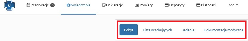 Zrzut ekranu logowania do portalu e-rejestracja z zaznaczonym czerwoną ramką zakłdki od lewej: Pobyt, Lista oczekujących, Badania, Dokumentacja medyczna.
