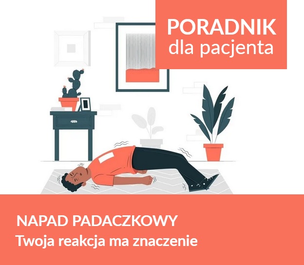 Poradnik pacjenta. Napad Padaczkowy Twoja reakcja ma znaczenie. Infografika leżącego człowieka w mieszkaniu podczas ataku padaczki.