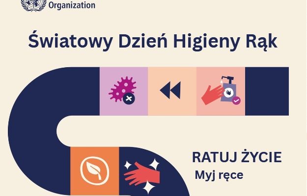 Plakat Światowy Dzień Mycia Rąk. Na plakacie piktogramy związane z higieną rąk.