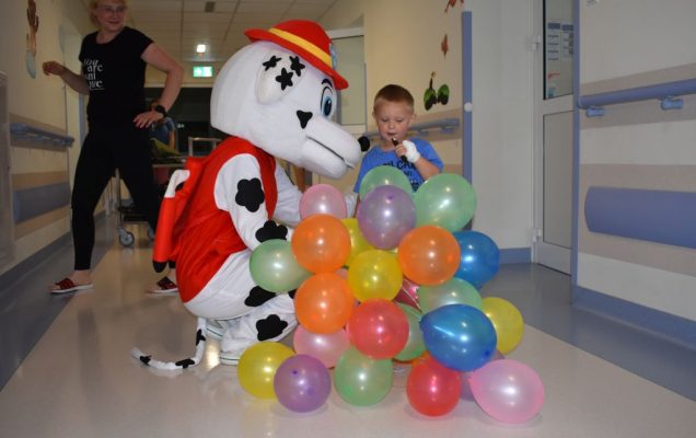Korytarz szpitalny Wojskowego Instytutu Medycznego, postać Marshalla z Psiego Patrolu z małym pacjentem, wokoło nich pełno kolorowych balonów.