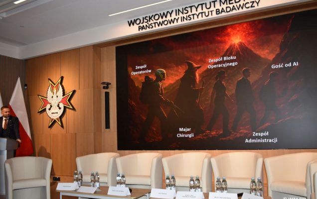 Prezentacja podczas konferencji. Na ekranie slaid z postaciami z Władcy Pierścieni.