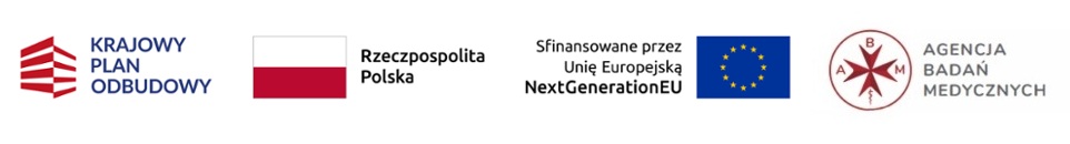 logotypy KPO, flaga polska, flaga unijna, Agencja Badań Medycznych.