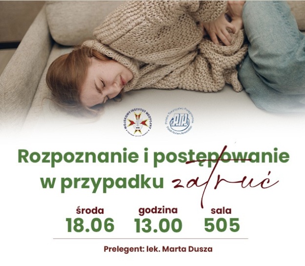 Plakat kolorowy: leżąca kobieta na podłodze trzymająca się za brzuch. Napis