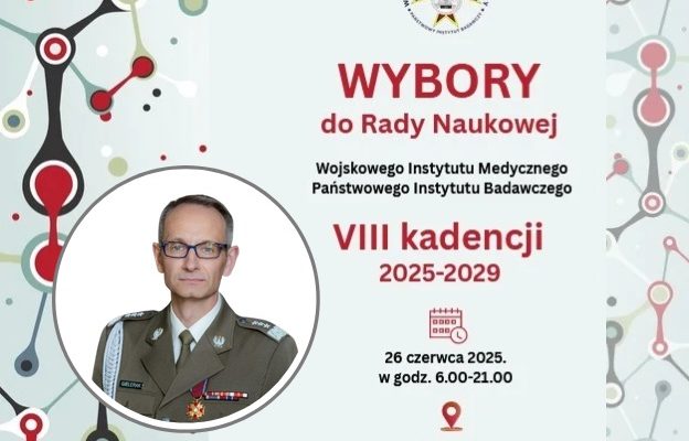 Plakat wyborów do rady Naukowej WIM-PIB w kole zdjęcie dyrektora WIM-PIB.