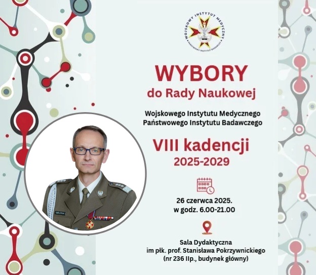 Plakat wyborów do rady Naukowej WIM-PIB w kole zdjęcie dyrektora WIM-PIB.