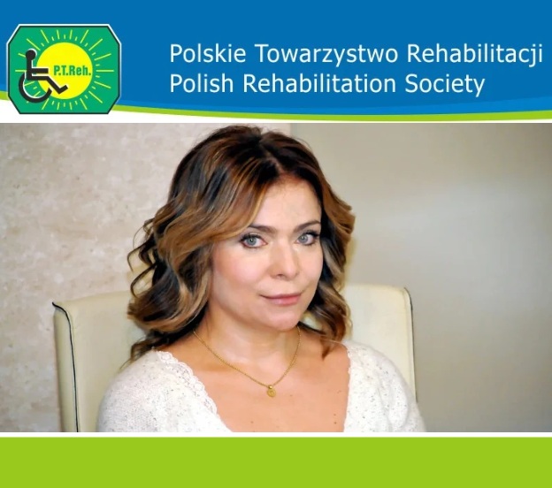 Katarzyna Gniadek-Olejniczak u góry logo Polskiego Towarzystwa Rehabilitacji.