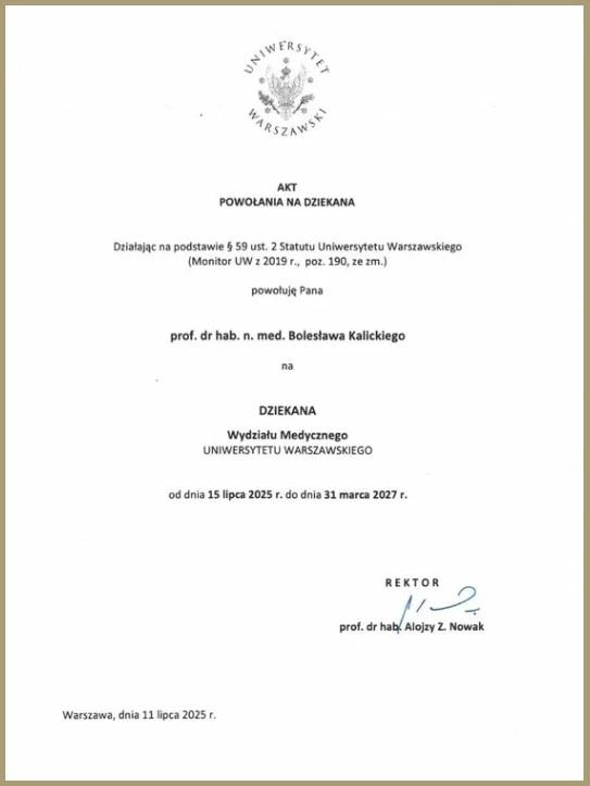 Akt nominacji profesora Kalickiego. Treść aktu w pliku pdf.