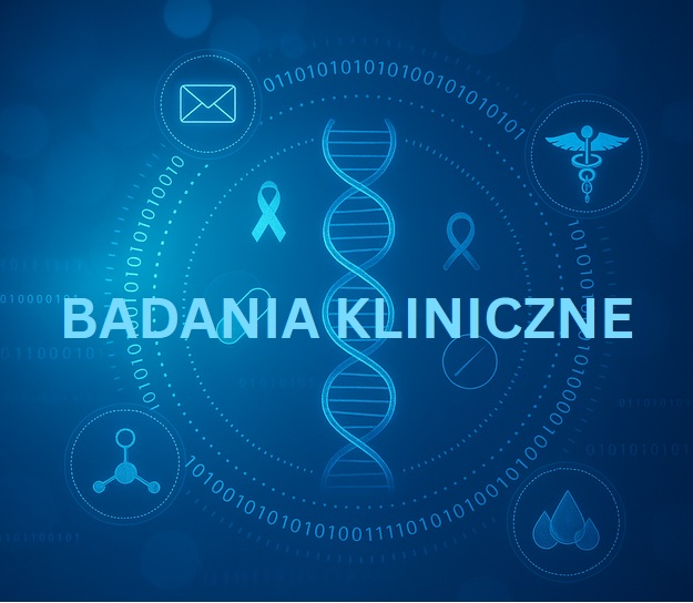 Grafika helisy DNA na granatowym tle. Napis Badania kliniczne.
