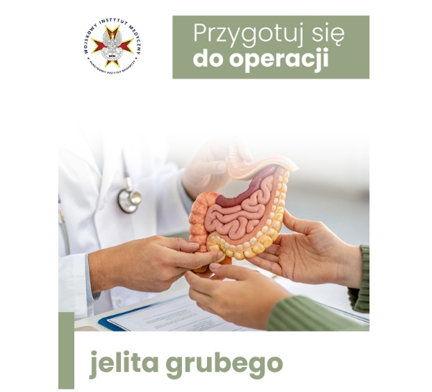 Okładka poradnika PRzygotuj się do operacji jelita grubego. Na grafice lekarz prezentuje model jelita grubego pacjentowi.