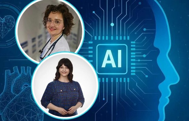 Grafika konturu ludzkiej głowy z elementami elektroniki. Na procesorze napis AI. Po lewej stronie grafika ludzkiego serca