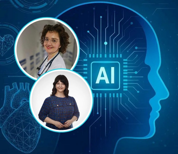 Grafika konturu ludzkiej głowy z elementami elektroniki. Na procesorze napis AI. Po lewej stronie grafika ludzkiego serca