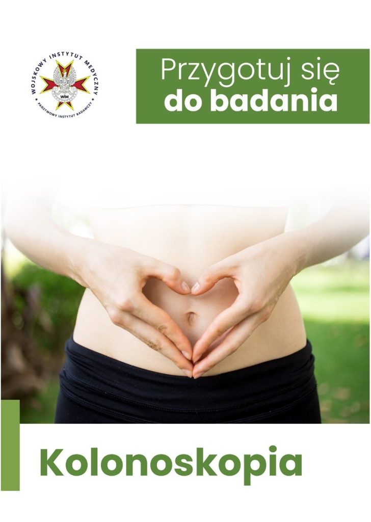 Ujęcie damskiego brzucha, przed nim dłonie ułożone w kształcie serca. Napis Przygotuj się do badania. Kolonoskopia. W lewym górnym rogu logo WIM.