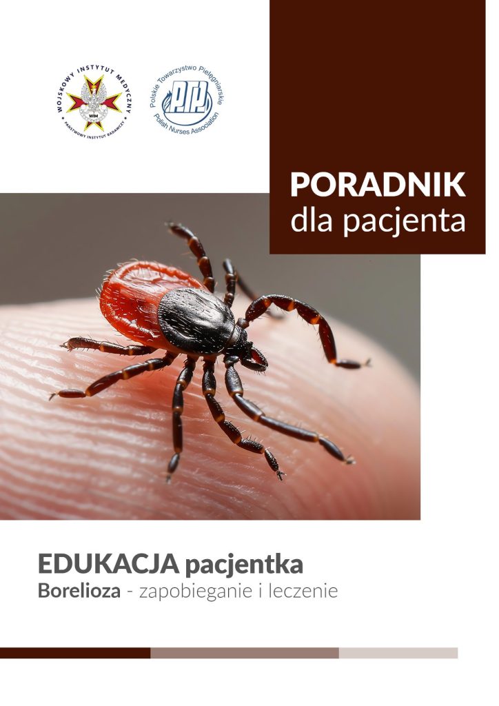 Okładka poradnika. Zdjęcie kleszcza na opuszku ludzkiego palca. Napis Edukacja pacjenta. W lewym górnym rogu logo WIM i Polskiego Towarzystwa Pielęgniarek.