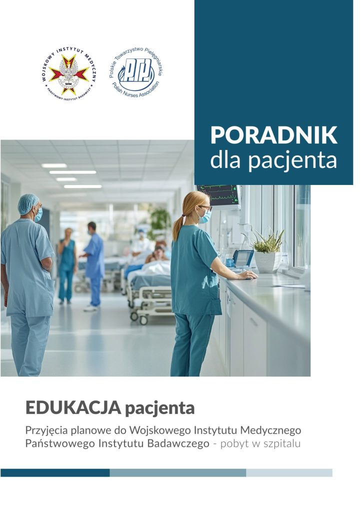 Okładka poradnika. Grafika korytarza szpitalnego z pracownikami medycznymi i pacjentami. Napis Poradnik dla pacjenta. Edukacja pacjenta. Przyjęcia planowe do szpitala.