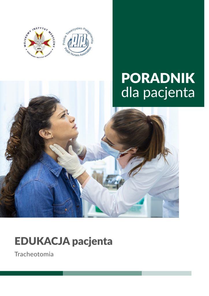 Okładka poradnika. Lekarka w gabinecie wykonuje ogląda młodej kobiecie okolice szyi. Napis Edukacja pacjenta. W lewym górnym rogu logo WIM i Polskiego Towarzystwa Pielęgniarek.
