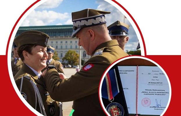 W większym kółku Pułkownik Barbara Betiuk podczas odznaczania medalem. W drugim kółku zdjęcie medalu i dyplomu.