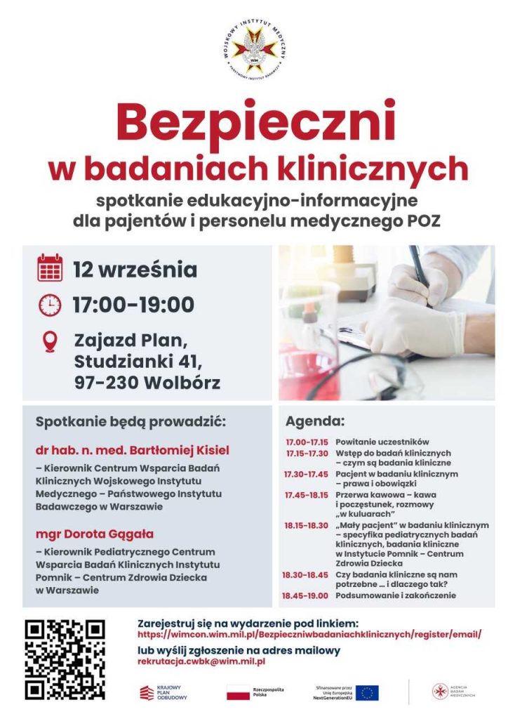 Plakat zapraszający na spotkanie. Treść plakatu w pliku bezpieczni w badaniach klinicznych.pdf